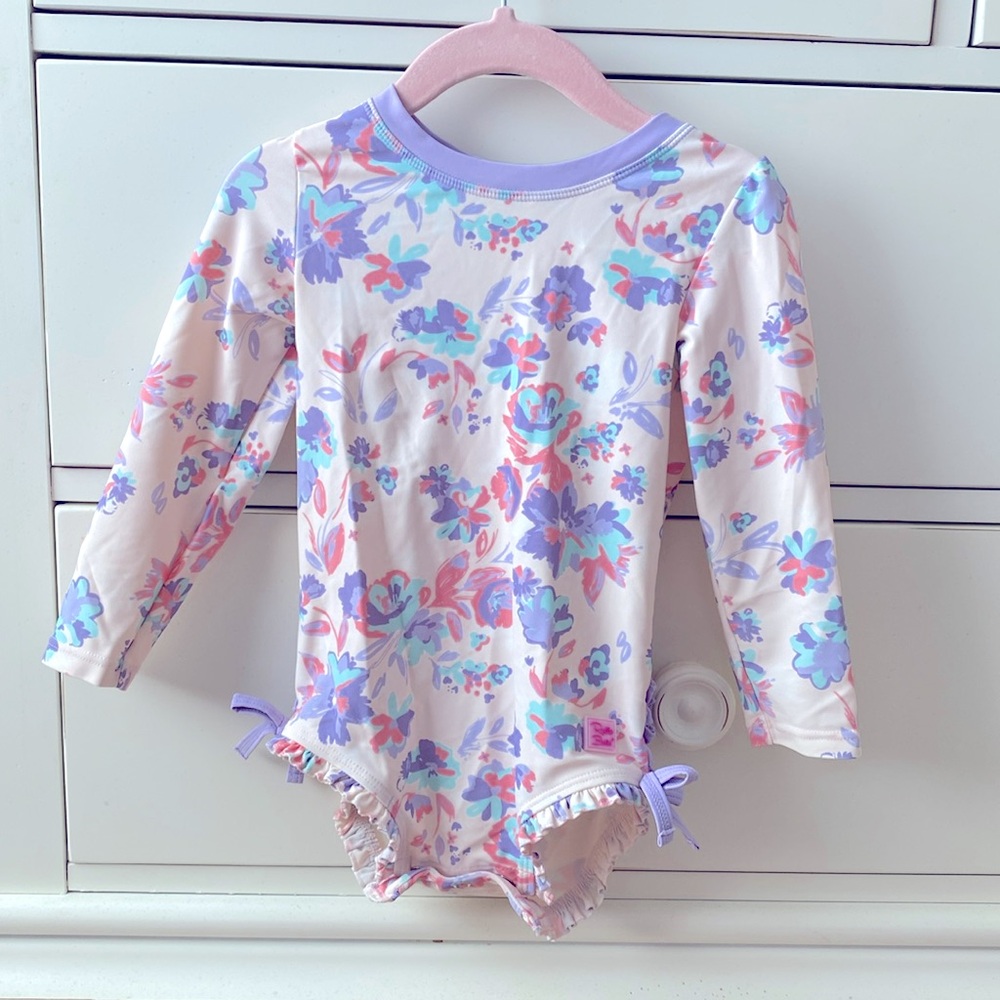 Ruffle Butts Floral Long-Sleeve Rash Guard Swimsuit in Lavender, Pink, Aqua